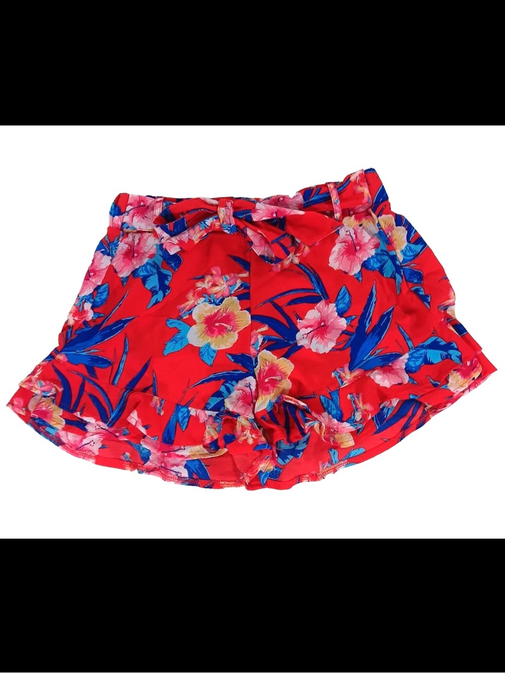Almost Famous Red Floral High-Waist Ruffle Shorts with Blue & Pink Accents